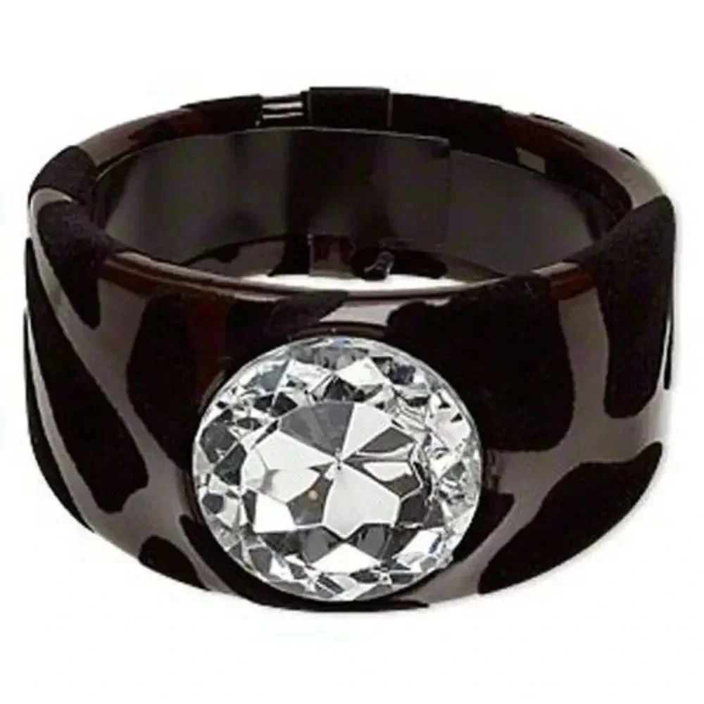 Brown Velvet & Vinyl Animal Print Rhinestone Chunky Retro Wide Bangle Bracelet